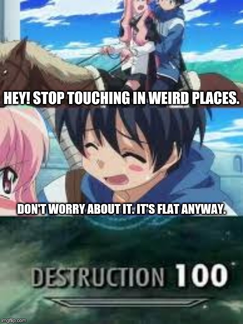 HEY! STOP TOUCHING IN WEIRD PLACES. DON'T WORRY ABOUT IT. IT'S FLAT ANYWAY. | made w/ Imgflip meme maker