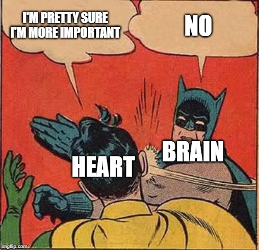 Batman Slapping Robin Meme | I'M PRETTY SURE I'M MORE IMPORTANT NO HEART BRAIN | image tagged in memes,batman slapping robin | made w/ Imgflip meme maker