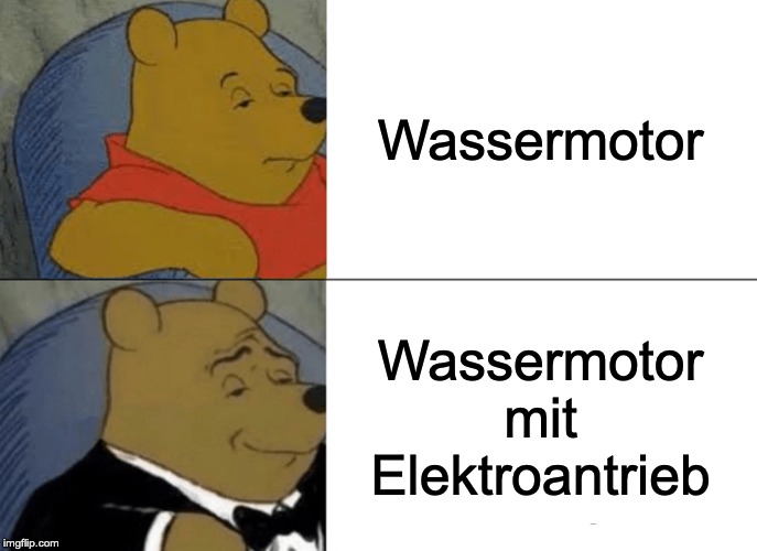 Tuxedo Winnie The Pooh Meme | Wassermotor; Wassermotor mit Elektroantrieb | image tagged in memes,tuxedo winnie the pooh | made w/ Imgflip meme maker