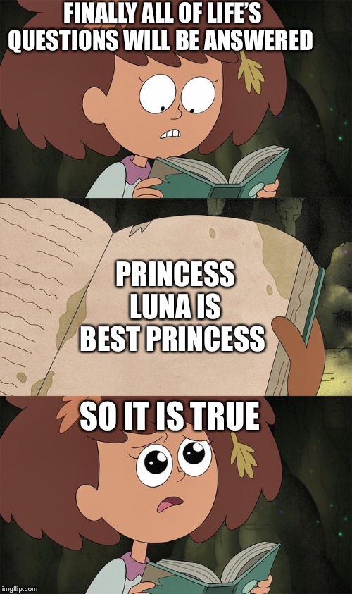 The truth |  FINALLY ALL OF LIFE’S QUESTIONS WILL BE ANSWERED; PRINCESS LUNA IS BEST PRINCESS; SO IT IS TRUE | image tagged in book of elightenment | made w/ Imgflip meme maker