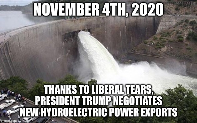 Floodgate | NOVEMBER 4TH, 2020; THANKS TO LIBERAL TEARS, PRESIDENT TRUMP NEGOTIATES NEW HYDROELECTRIC POWER EXPORTS | image tagged in floodgate | made w/ Imgflip meme maker