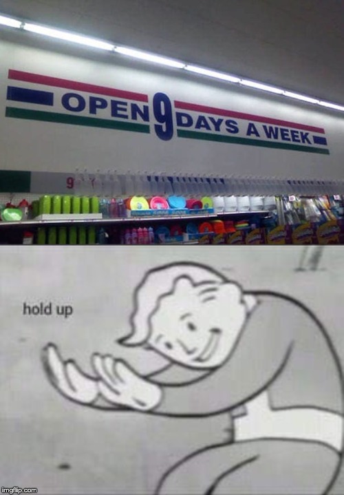 wErE oPeN 9 dAyS a WeEk | image tagged in fallout hold up,funny,memes | made w/ Imgflip meme maker