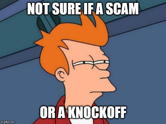 Futurama Fry | NOT SURE IF A SCAM; OR A KNOCKOFF | image tagged in memes,futurama fry | made w/ Imgflip meme maker