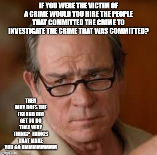 my face when someone asks a stupid question | IF YOU WERE THE VICTIM OF A CRIME WOULD YOU HIRE THE PEOPLE THAT COMMITTED THE CRIME TO INVESTIGATE THE CRIME THAT WAS COMMITTED? THEN WHY DOES THE FBI AND DOJ GET TO DO THAT VERY THING?  THINGS THAT MAKE YOU GO HMMMMMMMM | image tagged in my face when someone asks a stupid question | made w/ Imgflip meme maker