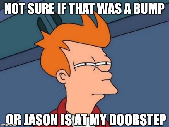 Futurama Fry | NOT SURE IF THAT WAS A BUMP; OR JASON IS AT MY DOORSTEP | image tagged in memes,futurama fry | made w/ Imgflip meme maker