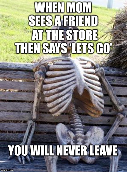 Waiting Skeleton | WHEN MOM SEES A FRIEND; AT THE STORE THEN SAYS ‘LETS GO’; YOU WILL NEVER LEAVE | image tagged in memes,waiting skeleton | made w/ Imgflip meme maker