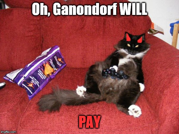 Ememeon playing Zelda games. (My favorite games) | Oh, Ganondorf WILL; PAY | image tagged in cats,gaming,doritos | made w/ Imgflip meme maker