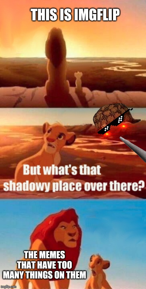 Simba Shadowy Place | THIS IS IMGFLIP; THE MEMES THAT HAVE TOO MANY THINGS ON THEM | image tagged in memes,simba shadowy place | made w/ Imgflip meme maker