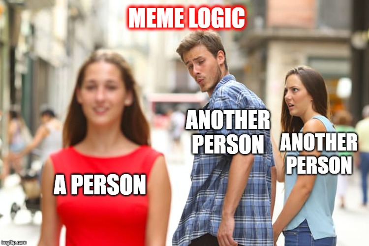 Distracted Boyfriend Meme | MEME LOGIC; ANOTHER PERSON; ANOTHER PERSON; A PERSON | image tagged in memes,distracted boyfriend | made w/ Imgflip meme maker