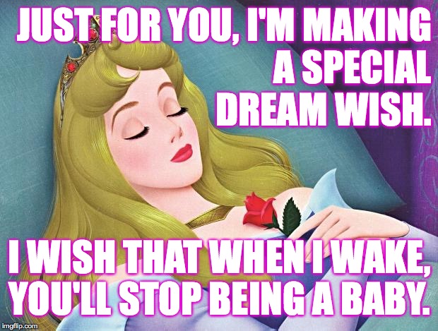 sleeping beauty | JUST FOR YOU, I'M MAKING
A SPECIAL
DREAM WISH. I WISH THAT WHEN I WAKE,
YOU'LL STOP BEING A BABY. | image tagged in sleeping beauty | made w/ Imgflip meme maker