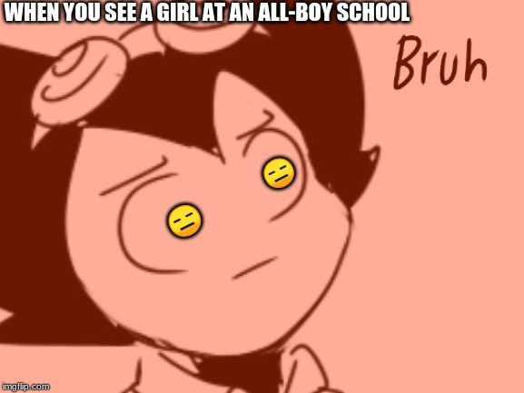 Bruh - Bendy | WHEN YOU SEE A GIRL AT AN ALL-BOY SCHOOL; 😑; 😑 | image tagged in bruh - bendy | made w/ Imgflip meme maker