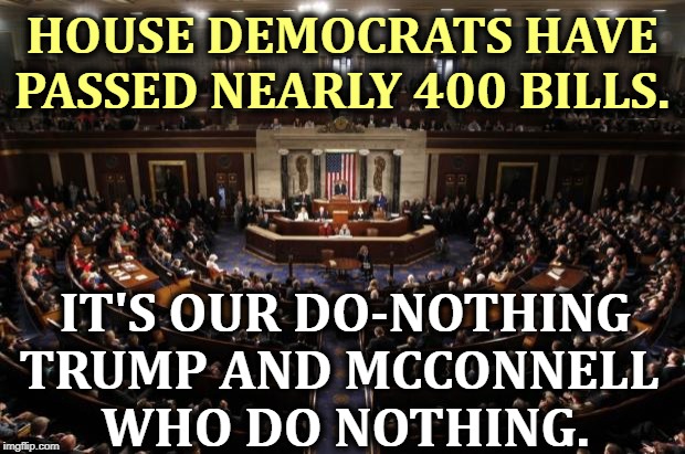 Republicans obstruct all progress, then accuse others of obstructing. | HOUSE DEMOCRATS HAVE PASSED NEARLY 400 BILLS. IT'S OUR DO-NOTHING TRUMP AND MCCONNELL 
WHO DO NOTHING. | image tagged in congress,trump,mitch mcconnell,obstruction | made w/ Imgflip meme maker