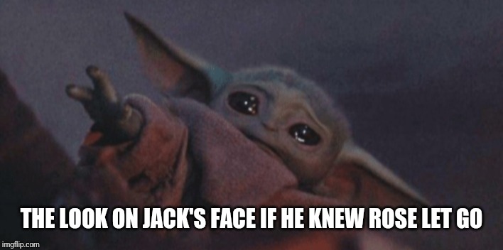 Baby yoda cry | THE LOOK ON JACK'S FACE IF HE KNEW ROSE LET GO | image tagged in baby yoda cry | made w/ Imgflip meme maker