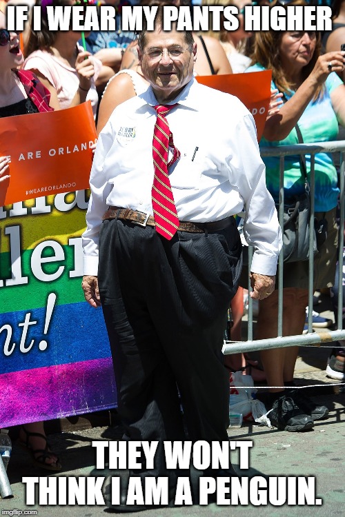jerry nadler | IF I WEAR MY PANTS HIGHER THEY WON'T THINK I AM A PENGUIN. | image tagged in jerry nadler | made w/ Imgflip meme maker