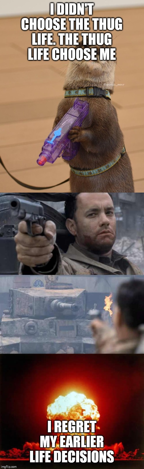 Gangsta bad life decisions | I DIDN'T CHOOSE THE THUG LIFE. THE THUG LIFE CHOOSE ME; I REGRET MY EARLIER LIFE DECISIONS | image tagged in memes,nuclear explosion,otter with water gun,tom hanks tank,funny | made w/ Imgflip meme maker