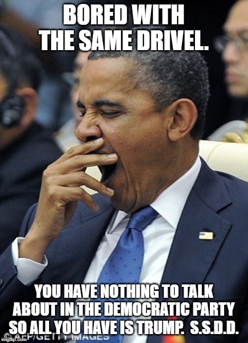 Obama Yawn | BORED WITH THE SAME DRIVEL. YOU HAVE NOTHING TO TALK ABOUT IN THE DEMOCRATIC PARTY SO ALL YOU HAVE IS TRUMP.  S.S.D.D. | image tagged in obama yawn | made w/ Imgflip meme maker