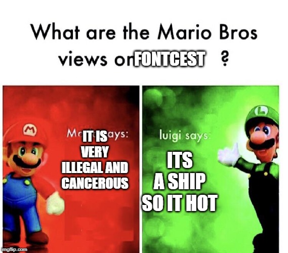 What are the mario bros views on:      ? | FONTCEST; IT IS VERY ILLEGAL AND CANCEROUS; ITS A SHIP SO IT HOT | image tagged in what are the mario bros views on | made w/ Imgflip meme maker