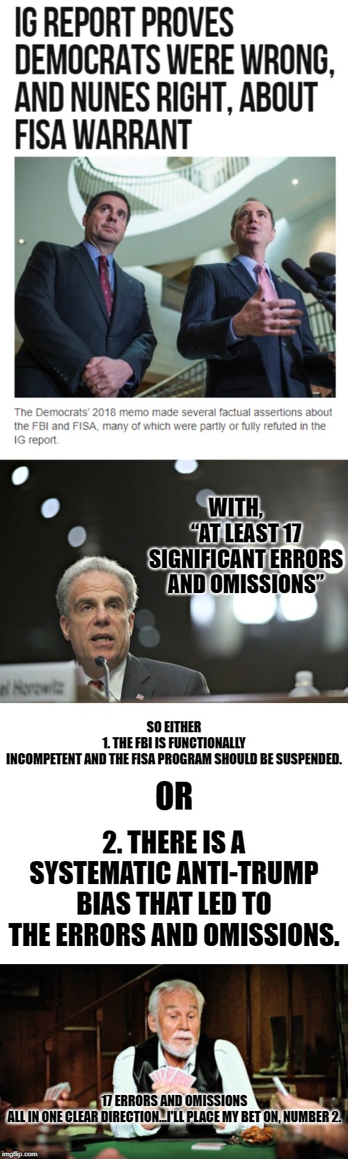 WITH,      “AT LEAST 17 SIGNIFICANT ERRORS AND OMISSIONS”; SO EITHER

1. THE FBI IS FUNCTIONALLY INCOMPETENT AND THE FISA PROGRAM SHOULD BE SUSPENDED. OR; 2. THERE IS A SYSTEMATIC ANTI-TRUMP BIAS THAT LED TO THE ERRORS AND OMISSIONS. 17 ERRORS AND OMISSIONS ALL IN ONE CLEAR DIRECTION...I'LL PLACE MY BET ON, NUMBER 2. | image tagged in blank white template,kenny rogers playing cards | made w/ Imgflip meme maker