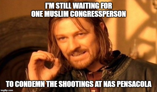 One Does Not Simply | I'M STILL WAITING FOR ONE MUSLIM CONGRESSPERSON; TO CONDEMN THE SHOOTINGS AT NAS PENSACOLA | image tagged in memes,one does not simply | made w/ Imgflip meme maker