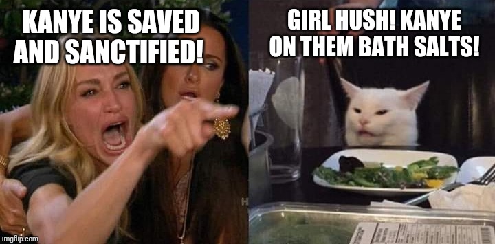 Crying lady and cat | KANYE IS SAVED AND SANCTIFIED! GIRL HUSH! KANYE ON THEM BATH SALTS! | image tagged in crying lady and cat | made w/ Imgflip meme maker