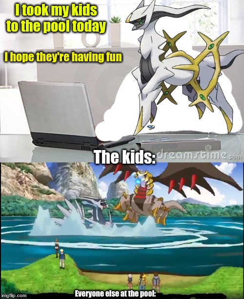 Arceus isn't a very good parent | I took my kids to the pool today; I hope they're having fun; The kids:; Everyone else at the pool: | image tagged in pokemon,memes,funny,parenting,swimming pool | made w/ Imgflip meme maker
