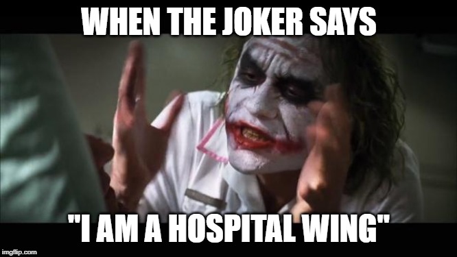 And everybody loses their minds | WHEN THE JOKER SAYS; "I AM A HOSPITAL WING" | image tagged in memes,and everybody loses their minds | made w/ Imgflip meme maker