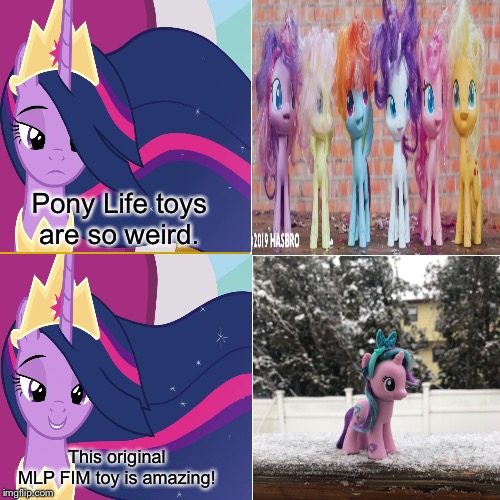MLP fim vs PonyLife toy | Pony Life toys are so weird. This original MLP FIM toy is amazing! | image tagged in memes,drake hotline bling,mlp fim,twilight sparkle,my little pony meme week,2020 | made w/ Imgflip meme maker