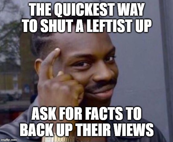 black guy pointing at head | THE QUICKEST WAY TO SHUT A LEFTIST UP; ASK FOR FACTS TO BACK UP THEIR VIEWS | image tagged in black guy pointing at head | made w/ Imgflip meme maker