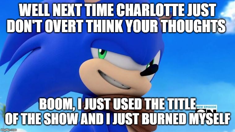 Sonic Meme | WELL NEXT TIME CHARLOTTE JUST DON'T OVERT THINK YOUR THOUGHTS; BOOM, I JUST USED THE TITLE OF THE SHOW AND I JUST BURNED MYSELF | image tagged in sonic meme | made w/ Imgflip meme maker