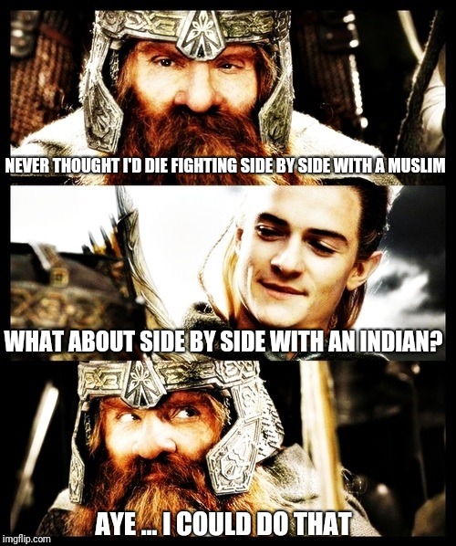 LOTR - Side by Side with a Friend | NEVER THOUGHT I'D DIE FIGHTING SIDE BY SIDE WITH A MUSLIM; WHAT ABOUT SIDE BY SIDE WITH AN INDIAN? AYE ... I COULD DO THAT | image tagged in lotr - side by side with a friend | made w/ Imgflip meme maker