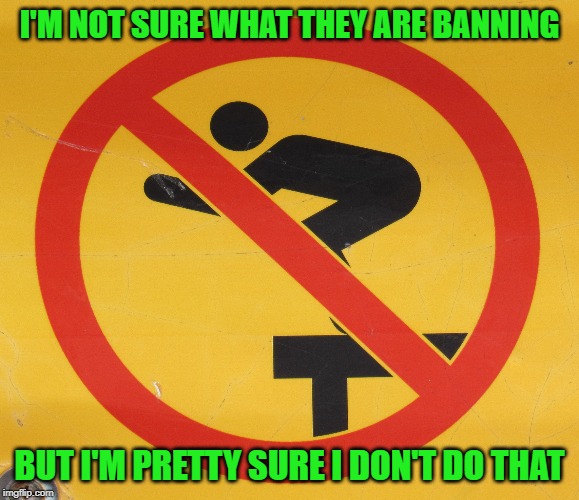 Clever title? Not here | I'M NOT SURE WHAT THEY ARE BANNING; BUT I'M PRETTY SURE I DON'T DO THAT | image tagged in silly signs,just a joke | made w/ Imgflip meme maker