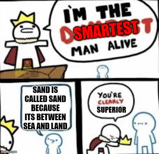 DA SMARTEST MAN | SMARTEST; SAND IS CALLED SAND BECAUSE ITS BETWEEN SEA AND LAND; SUPERIOR | image tagged in im the dumbest man alive | made w/ Imgflip meme maker