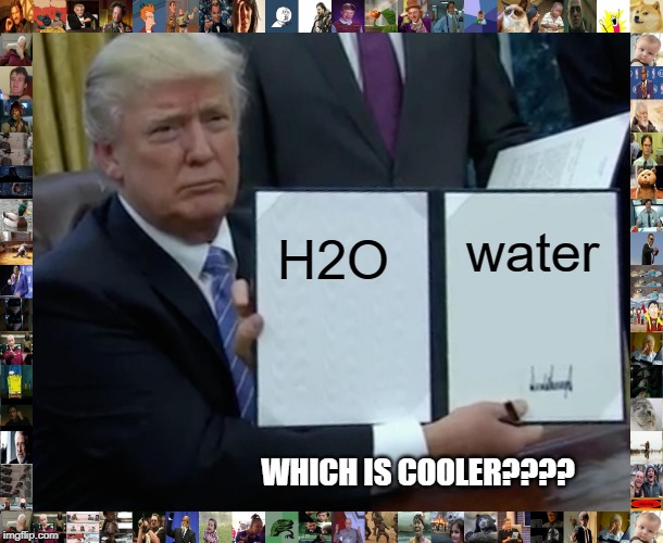 Trump Bill Signing Meme | H2O water WHICH IS COOLER???? | image tagged in memes,trump bill signing | made w/ Imgflip meme maker