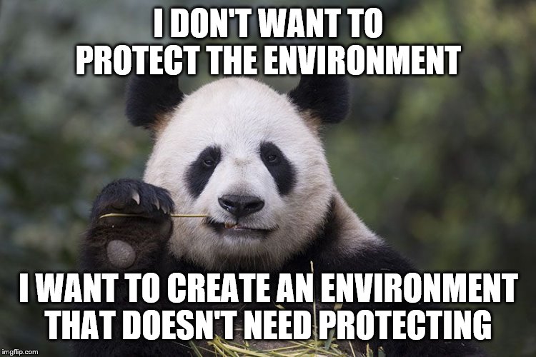 Panda eating bamboo | I DON'T WANT TO PROTECT THE ENVIRONMENT; I WANT TO CREATE AN ENVIRONMENT THAT DOESN'T NEED PROTECTING | image tagged in panda eating bamboo | made w/ Imgflip meme maker