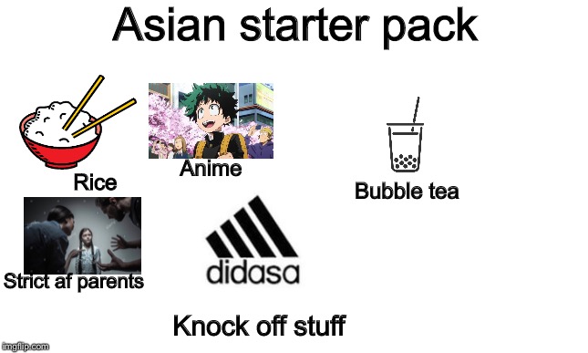 Asian starter pack | Asian starter pack; Anime; Rice; Bubble tea; Strict af parents; Knock off stuff | image tagged in starter pack | made w/ Imgflip meme maker