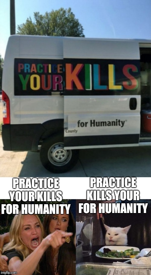 PRACTICE KILLS YOUR FOR HUMANITY; PRACTICE YOUR KILLS FOR HUMANITY | image tagged in memes,woman yelling at cat | made w/ Imgflip meme maker