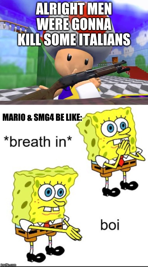 boi | ALRIGHT MEN WERE GONNA KILL SOME ITALIANS; MARIO & SMG4 BE LIKE: | image tagged in smg4,toad with shotgun,boi | made w/ Imgflip meme maker