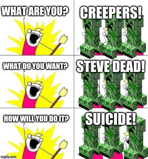 What Do We Want 3 Meme | WHAT ARE YOU? CREEPERS! WHAT DO YOU WANT? STEVE DEAD! HOW WILL YOU DO IT? SUICIDE! | image tagged in memes,what do we want 3 | made w/ Imgflip meme maker