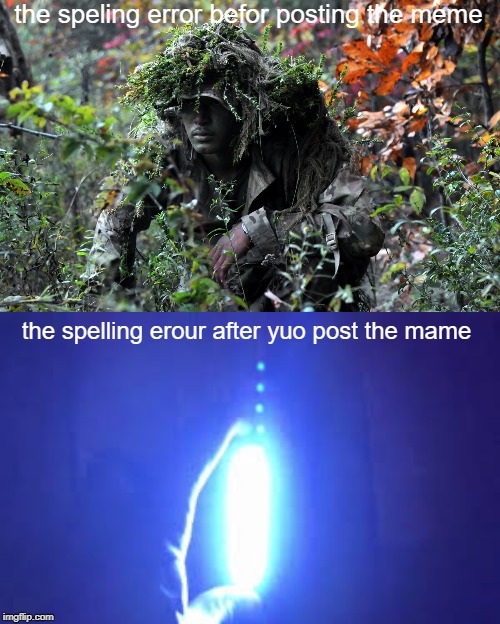 the speling error befor posting the meme; the spelling erour after yuo post the mame | image tagged in camouflage | made w/ Imgflip meme maker