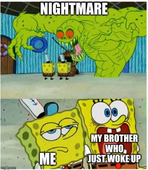 SpongeBob SquarePants scared but also not scared | NIGHTMARE; ME; MY BROTHER WHO JUST WOKE UP | image tagged in spongebob squarepants scared but also not scared | made w/ Imgflip meme maker