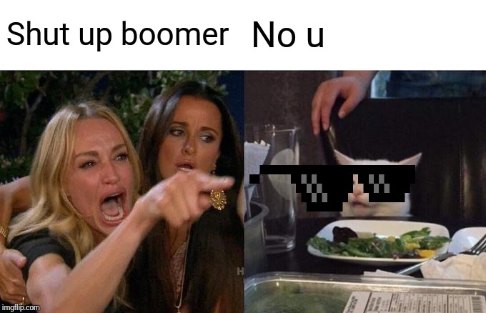 Shut up boomer No u | image tagged in memes,woman yelling at cat | made w/ Imgflip meme maker