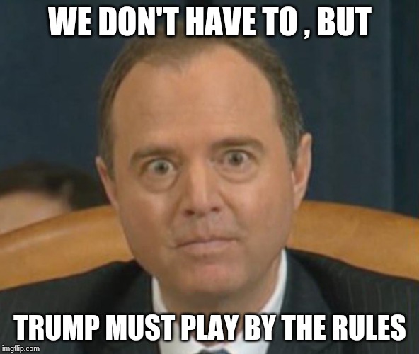 Crazy Adam Schiff | WE DON'T HAVE TO , BUT TRUMP MUST PLAY BY THE RULES | image tagged in crazy adam schiff | made w/ Imgflip meme maker