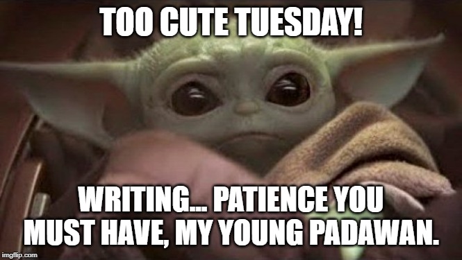 TOO CUTE TUESDAY! WRITING... PATIENCE YOU MUST HAVE, MY YOUNG PADAWAN. | image tagged in baby yoda,cute | made w/ Imgflip meme maker