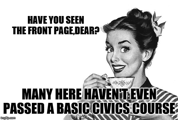 1950s Housewife | HAVE YOU SEEN THE FRONT PAGE,DEAR? MANY HERE HAVEN'T EVEN PASSED A BASIC CIVICS COURSE | image tagged in 1950s housewife | made w/ Imgflip meme maker
