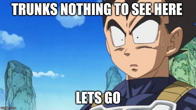 Surprized Vegeta Meme | TRUNKS NOTHING TO SEE HERE LETS GO | image tagged in memes,surprized vegeta | made w/ Imgflip meme maker