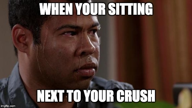 sweating bullets | WHEN YOUR SITTING; NEXT TO YOUR CRUSH | image tagged in sweating bullets | made w/ Imgflip meme maker
