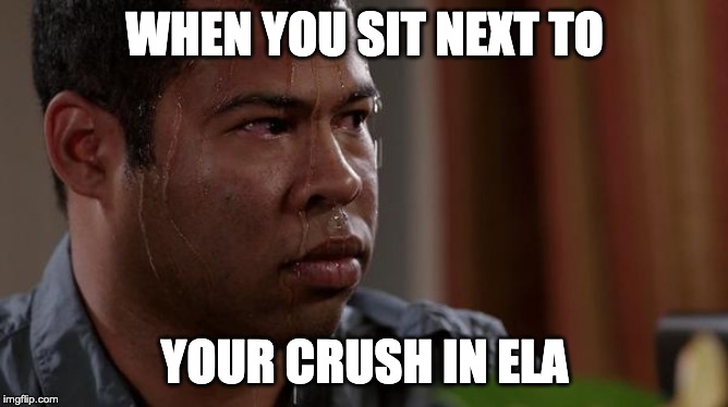 sweating bullets | WHEN YOU SIT NEXT TO; YOUR CRUSH IN ELA | image tagged in sweating bullets | made w/ Imgflip meme maker