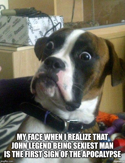 Funny Dog | MY FACE WHEN I REALIZE THAT JOHN LEGEND BEING SEXIEST MAN IS THE FIRST SIGN OF THE APOCALYPSE | image tagged in funny dog,dark humor,funny,funny meme,repost,memes | made w/ Imgflip meme maker