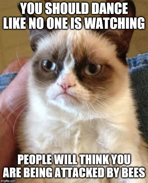 Grumpy Cat | YOU SHOULD DANCE LIKE NO ONE IS WATCHING; PEOPLE WILL THINK YOU ARE BEING ATTACKED BY BEES | image tagged in memes,grumpy cat | made w/ Imgflip meme maker
