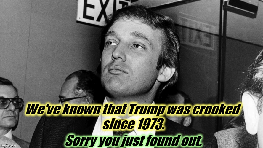 Somebody is always the last one to find out. | We've known that Trump was crooked 
since 1973. Sorry you just found out. | image tagged in trump young and cold,trump,crooked,criminal,con man,liar | made w/ Imgflip meme maker